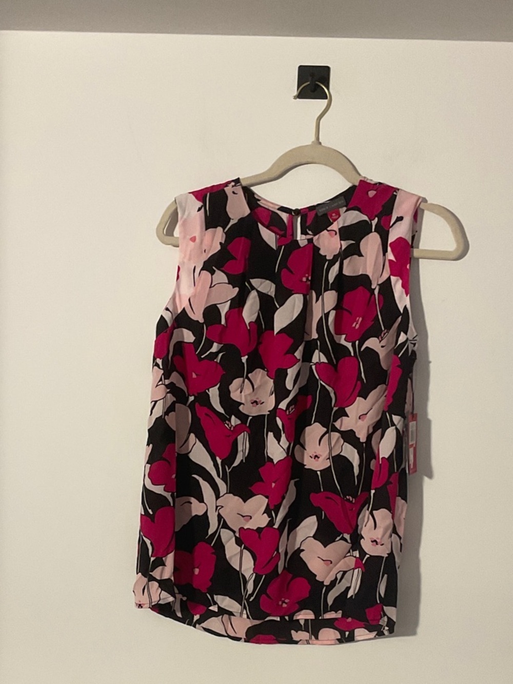 Vince Camuto Black Floral Tank Top with Pink and Fuchsia Blooms